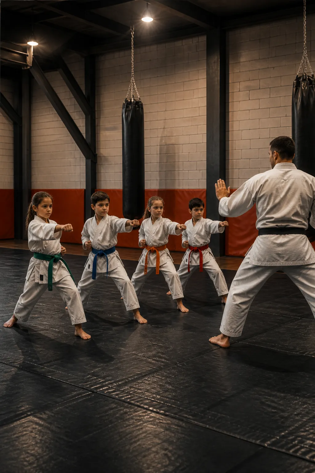 Kids in a karate class practicing punches