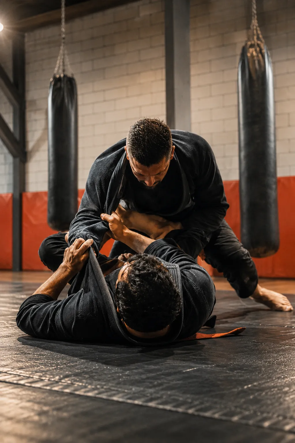 Two practitioners rolling on the mat